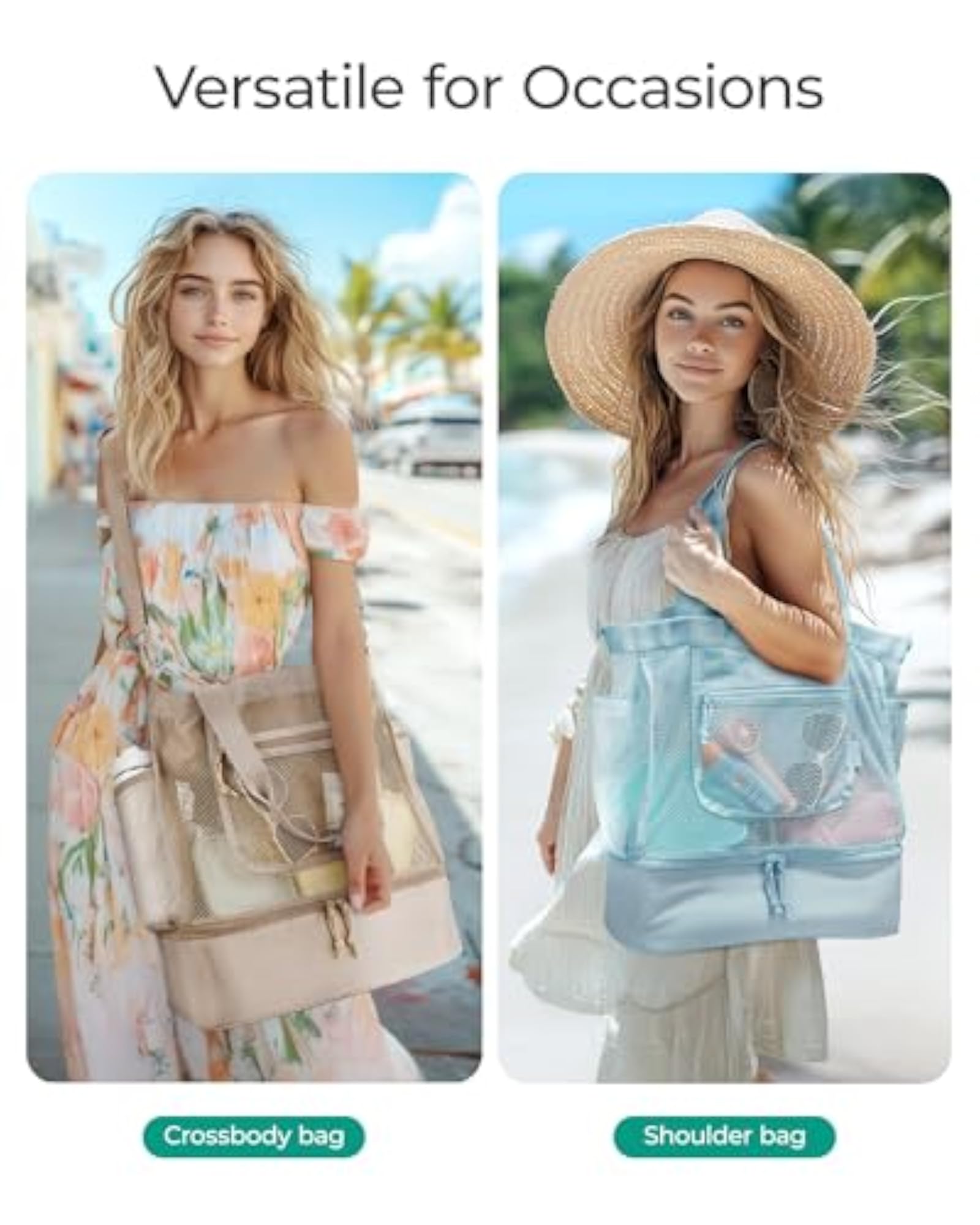 Women's Beach Mesh Tote Bag with Zipper, Sandproof Vacation Essential